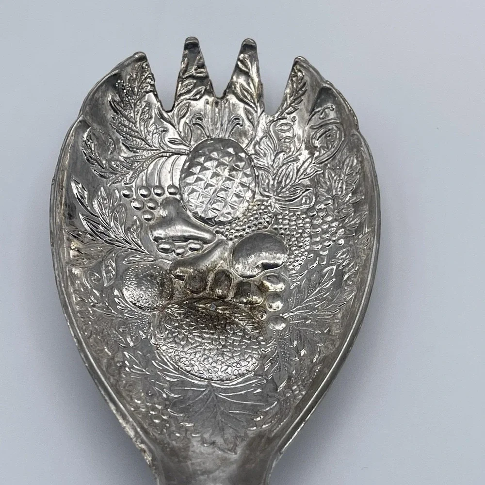 Silverplate Salad Serving Set Vintage English Fruit Repousse 2 Pc Fork and Spoon